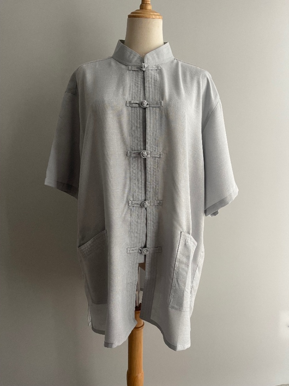 Chinese Tang Style Ramie Cotton Shirt XL Gray Mandarin Collar Frog Closures